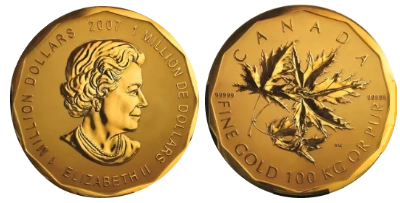 A photograph of the rare 2007 $1 Million Canadian Gold Maple Leaf