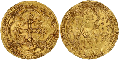A photograph of the rare 1343 Edward III Florin coin, also known as the Double Leopard, showing the detailed design of King Edward III on a gothic throne flanked by leopards