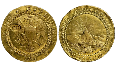 A detailed photograph of the rare 1787 Brasher Doubloon gold coin, highlighting its distinctive 'EB' hallmark and neoclassical design