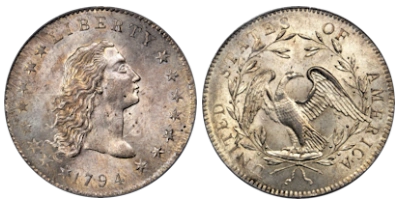 A close-up photograph of the rare 1794 Flowing Hair Silver Dollar
