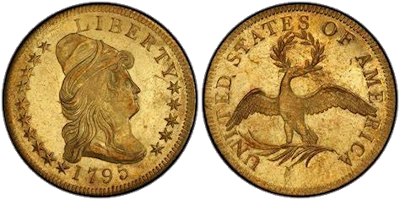 A close-up of the 1795 $10 Nine Leaves Eagle coin showing the Liberty head design on the obverse