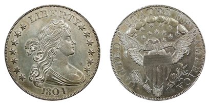 A detailed photograph of the rare 1804 Silver Dollar Class I coin