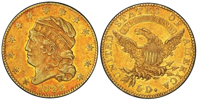 A photograph of the rare 1822 Capped Bust Half Eagle