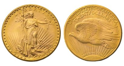 A close-up photograph of the rare 1933 Double Eagle gold coin, showcasing its intricate design and near-pristine condition