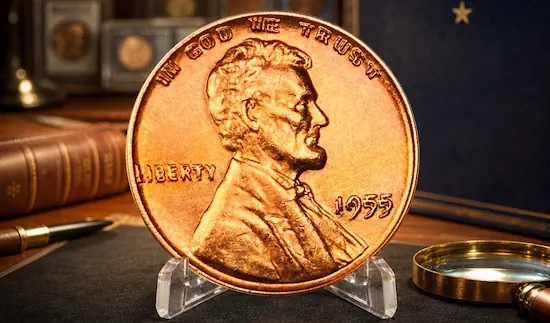 1955 doubled die penny showing dramatic doubling on date and IN GOD WE TRUST