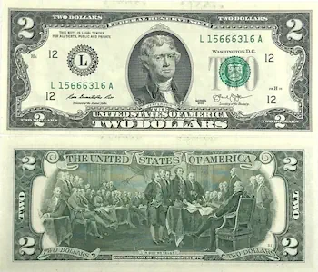1976 Bicentennial 2 dollar bill front and back
