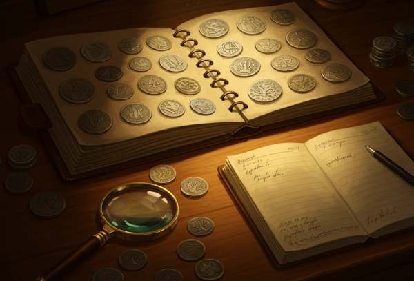 Coin collecting guide: open coin album with collectible coins and magnifying glass