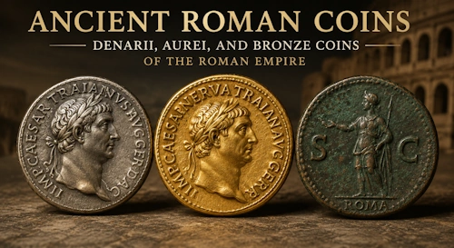 Ancient Roman coins — denarii, aurei, and bronze coins of the Roman Empire