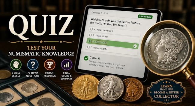 Assortment of rare US coins including Morgan dollars, wheat pennies, and gold coins for a coin trivia quiz