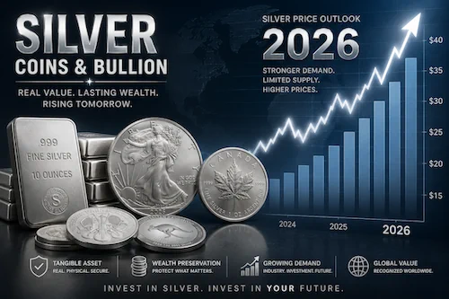Silver coins and bullion with rising price chart 2026