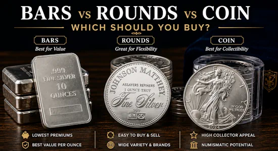 Silver bullion bars, rounds, and coins