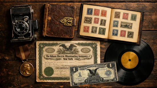 Antique collectibles including a vintage camera, rare book, antique stock certificate, postage stamps, vinyl record, and bronze medal on dark wood