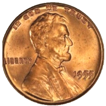 1955 doubled die Lincoln cent showing dramatic doubling on LIBERTY and date
