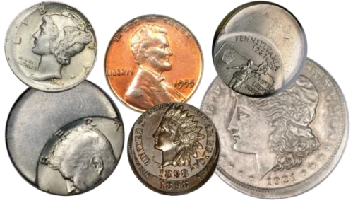 Assorted U.S. error coins showing doubled dies, off-center strikes, and clad layer errors