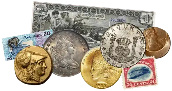 Rare coins, currency, and collectibles including an Educational Series banknote, ancient Greek tetradrachm, Draped Bust dollar, Saint-Gaudens gold coin, error penny, and postage stamp
