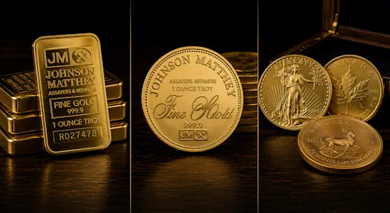 Gold bullion bars, rounds, and coins
