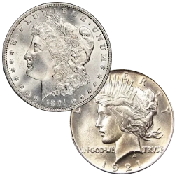 Morgan and Peace silver dollars