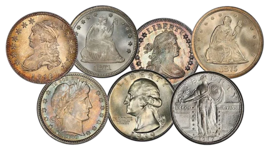 Historic quarter dollar coins in early styles