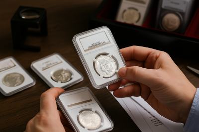 Rare coin investment authentication rare coin investment authentication showing certified coin holders and professional numismatic grading process