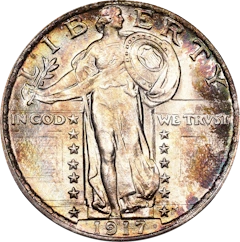 Standing Liberty Quarter showing Lady Liberty striding forward with shield and olive branch