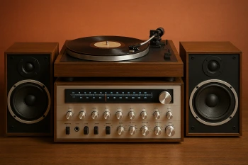 Vintage stereo system with turntable and speakers
